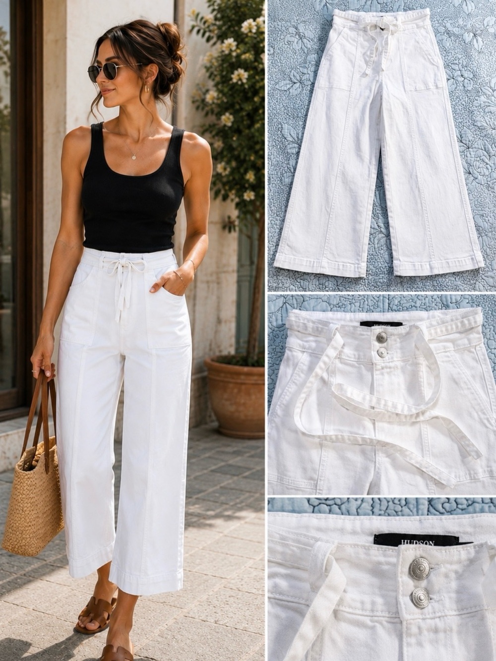 Hudson Wide Leg Front Seam White Ankle Crop Jeans with Attached Tie – Size 8💛